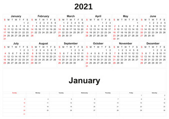 2021 annual calendar with white background.