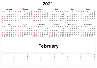 2021 annual calendar with white background.