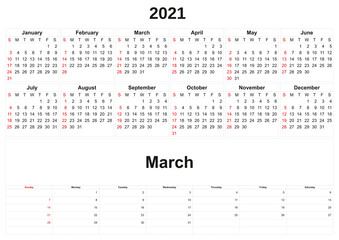 2021 annual calendar with white background.