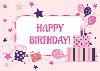 Birthday, invitation card, with gift, stars, balloon and cake. 