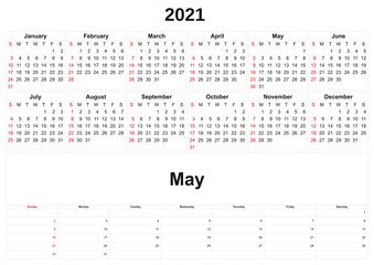 2021 annual calendar with white background.