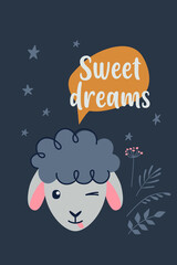 Good Night and Sweet Dreams colorful poster with cute sheep. Vector