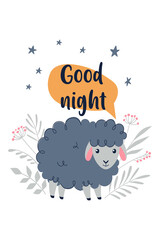 Good Night and Sweet Dreams colorful poster with cute sheep. Vector