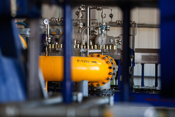 Aktobe region/Kazakhstan - May 04 2012: Oil refinery plant. Gas power station. Close-up a yellow...