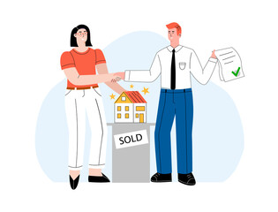 Mortgage loan application approval vector flat concept illustration. A happy woman is shaking hands with real estate agent. Confirmed house sale with approved bank credit form. Customer buying home.