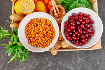 Trendy Virus protection food, coronavirus, immunity concept.