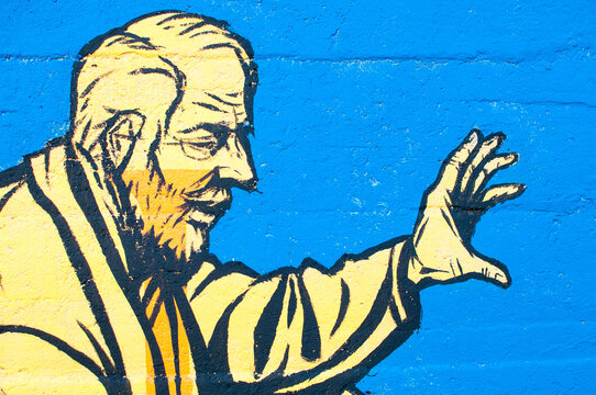 character details from a large painted mural