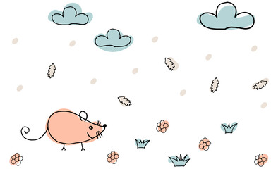 Vector illustration, mouse, grass, clouds, color kids print, contours, doodling for paper design, fabric, interior