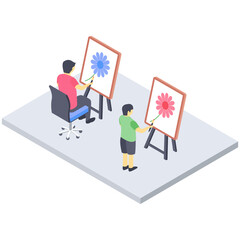 
Isometric icon of student painting class 
