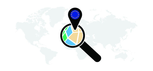 Europe EU flag in magnifying glass Folded with location. Route search tracking icons Mark maps signs Vector pin Symbol Track and trace point marker Fly travel  navigation pointer Roads navigator pins.
