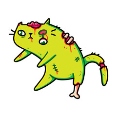Creepy but cute green zombie cat walking. Kawaii funny cartoon kitten, blood, brain, meat and bones, Halloween art. Design for stickers, t-shirts, posters, greeting cards. Isolated on white background