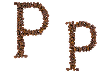 Coffee alphabet letter on white. Letter P