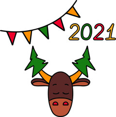 Cartoon bull, symbol of the new year 2021. Christmas trees, garlands, numbers. Cute hand drawn illustration. Can be used for notebooks, gift, postcards, packaging, clothing, decoration, wrapping paper