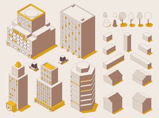 City street isometric constructor in outline mode with cars, buildings and trees. Vector stylish illustration with yellow elements