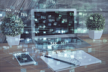 Obraz premium Double exposure of computer and technology theme hud. Concept of innovation.