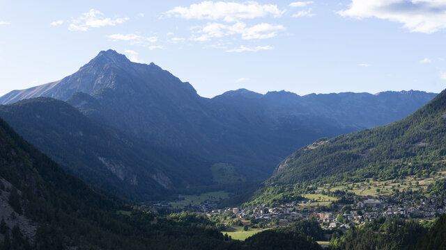 View of Brusson and the Ayas Valley (AO) from the castle of Graines with mount Zerbion in background .