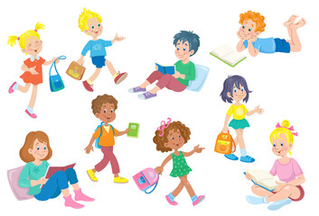Boys and girls of different ages and nationalities with books and school bags. In cartoon style. Isolated on white background. Vector flat illustration.