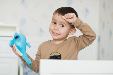Little boy holding a dolphin toy in his playroom.