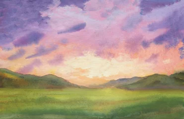 Fototapeten sunset watercolor landscape with purple clouds in the sky background. outdoor evening landscape with green grass and colorful sunset sky © Ghen