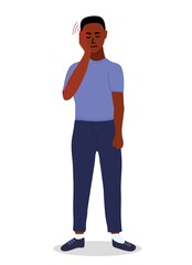 african man feels a strong headache. he pressed her fingers to his temples. Endure pain. Cartoon vector illustration