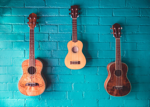 Three ukuleles hanging against a vibrant blue brick wall