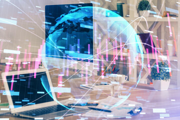 Multi exposure of forex chart and work space with computer. Concept of international online trading.