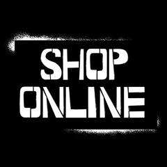Shop Online stencil graffiti on black background. Design lettering templates for greeting cards, overlays, posters