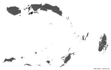 Maluku, province of Indonesia, on white. Bilevel