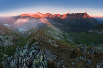 Scenic image of Fairytale mountains during sunset. The sunrise over a mountain in park High Tatras. Slovakia, Europe. Wonderful Autumn landscape. Picturesque view of nature Amazing natural Background