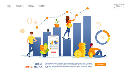 Diagrams, coins, phone and working people. Profit, income, making money, financial app, business, investment analysis, Internet banking concept. Vector illustration for banner, poster, website.