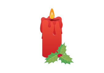 Burning Red Christmas Candle with Mistletoe icon vector. Christmas candle with mistletoe isolated on a white background. Holiday decoration with candle and mistletoe clip art