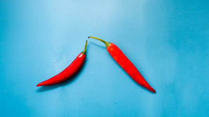 two red chilies on blue background