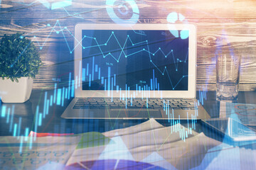 Multi exposure of forex chart and work space with computer. Concept of international online trading.