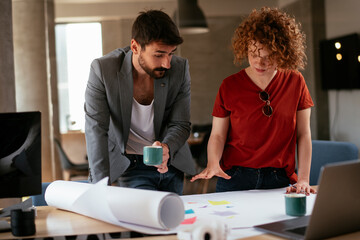 Businessman and businesswoman in office. Businesswoman and businessman working on the project