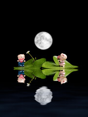 Two little pigs under a full moon