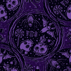 Vector illustration, Happy Halloween, portal with stars,sweets, skull, spider, bat, mysticism, prints. Handmade, seamless pattern, background dark