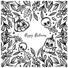 Vector illustration, Happy Halloween,different plants,pumpkins,skull, mysticism, prints. Handmade, background white