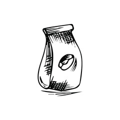 Hand-drawn package with coffee beans.
Vector illustration in a graphic style.