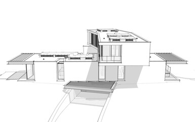 3d rendering of modern cozy house on the hill with garage and pool for sale or rent.  Black line sketch with soft light shadows on white background.