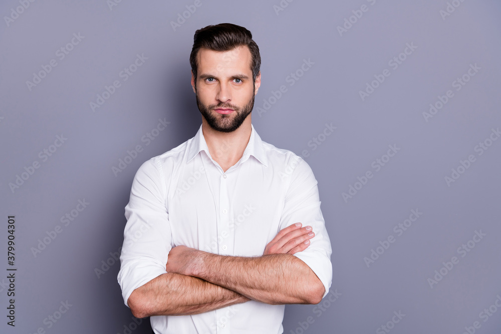 Canvas Prints Portrait of his he nice attractive content brutal serious brunet guy model executive it professional sales manager folded arms isolated over gray pastel color background