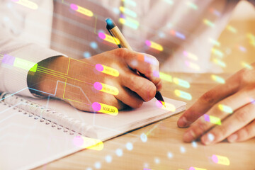 Writing man's hand with data icons.