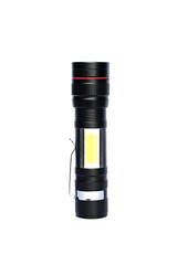 Black metal LED flashlight isolate on a white background.