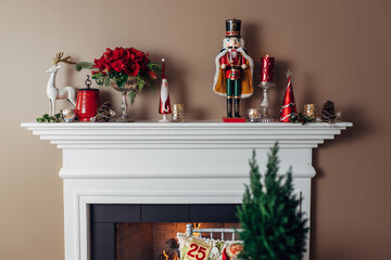 Christmas decorated fireplace mantel