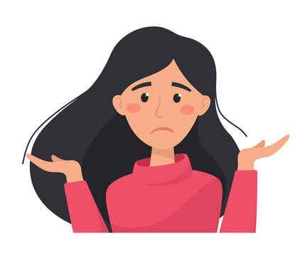 Unhappy and upset woman makes a helpless gesture. Vector illustration in flat style.
