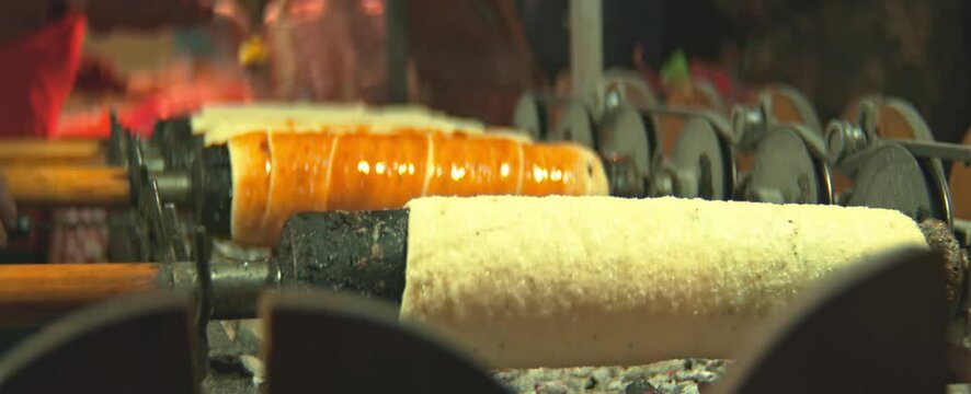 Kurtos Kalacs Being Cooking and Sold at local Holiday Fest Baking Traditional Hungarian Cake