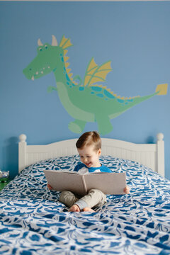 Cute young boy sitting on his bed reading a book