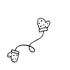 Christmas mittens. Black lines on a white background. Doodle. Vector.