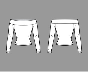 Off-the-shoulder stretch top technical fashion illustration with long sleeves, close-fitting shape. Flat shirt outwear apparel template front, back, white color. Women, men, unisex blouse CAD mockup