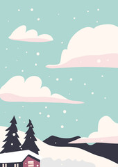 Winter landscape with house, forest on the background of mountains. Vector illustration.