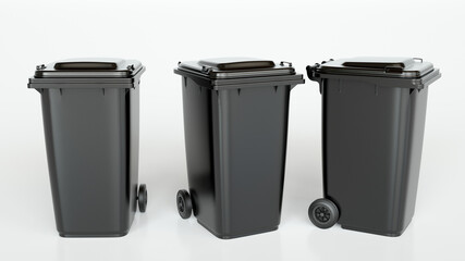 black garbage cans on white background - 3D Rendering